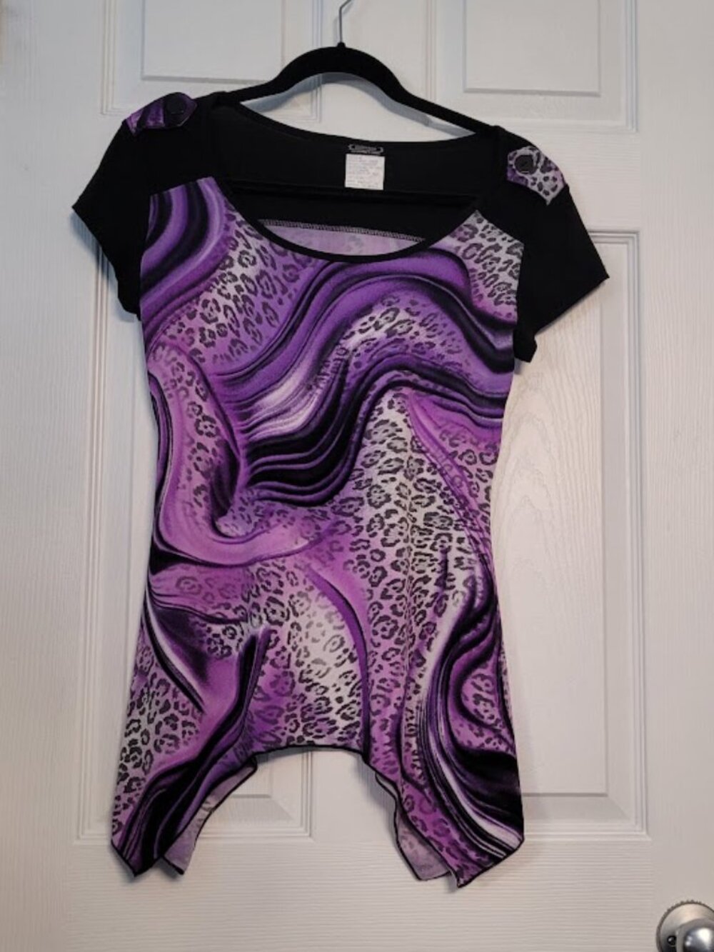 Purple/Blk Swirl Animal Print Asymmetrical Hem Top–Small–Canada Made-Boho Y2K